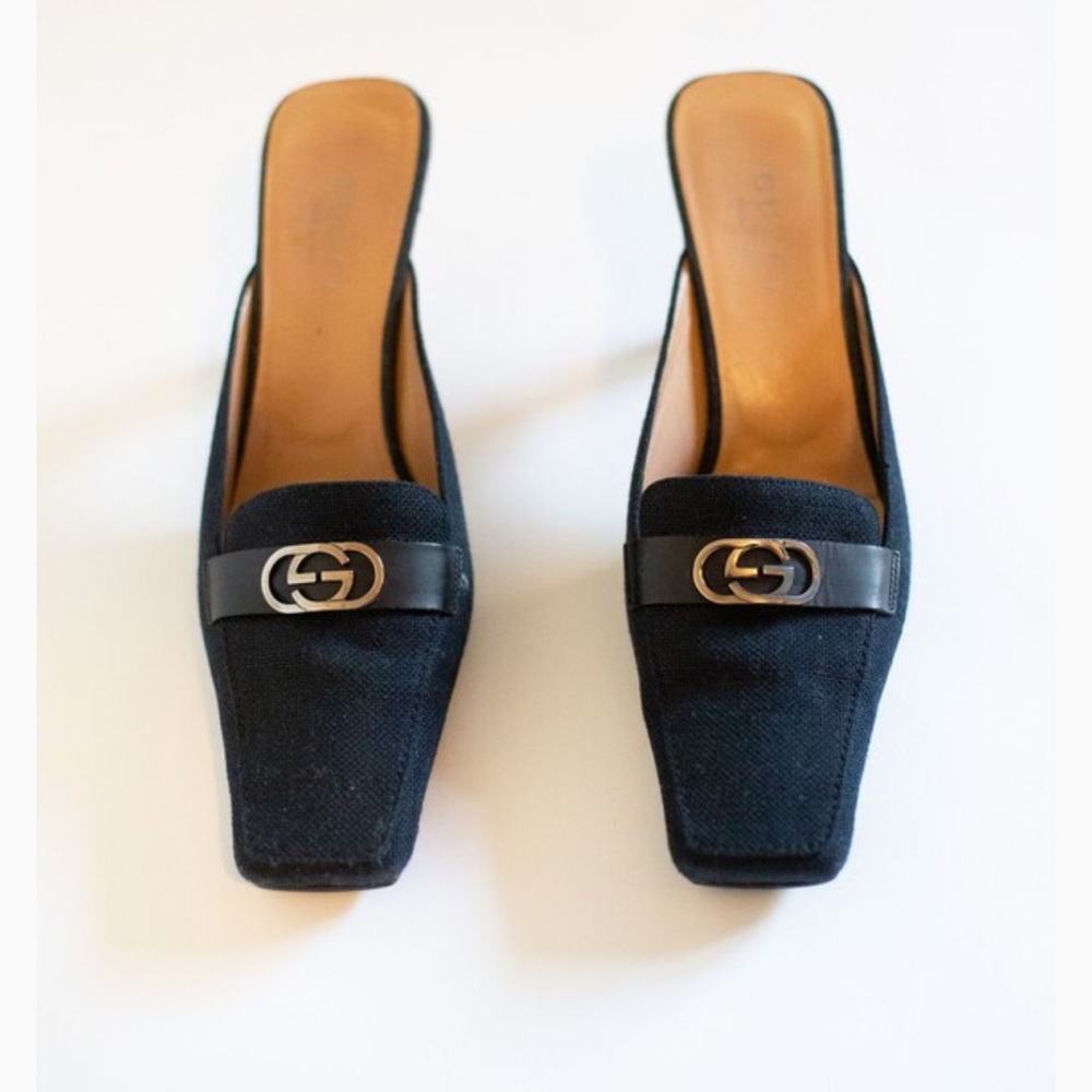 GUCCI Black Canvas + Leather Square Toe Heel-Silver GG Metal Monogram Size 10